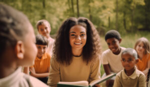 smiling black camp counselor sitting outside holding an open book surrounded by smiling kids