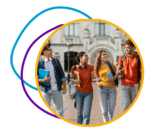 group of young people walking and talking on school campus with books and bookbags
